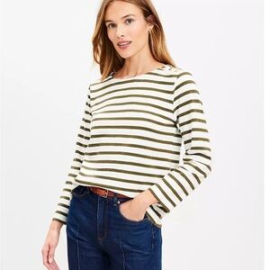 Loft Striped Shoulder Button Long Sleeve Top Green